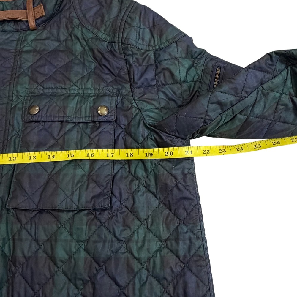 Polo Ralph Lauren Quilted‎ Jacket Womens L Navy Green Plaid Leather Trim - Picture 10 of 11